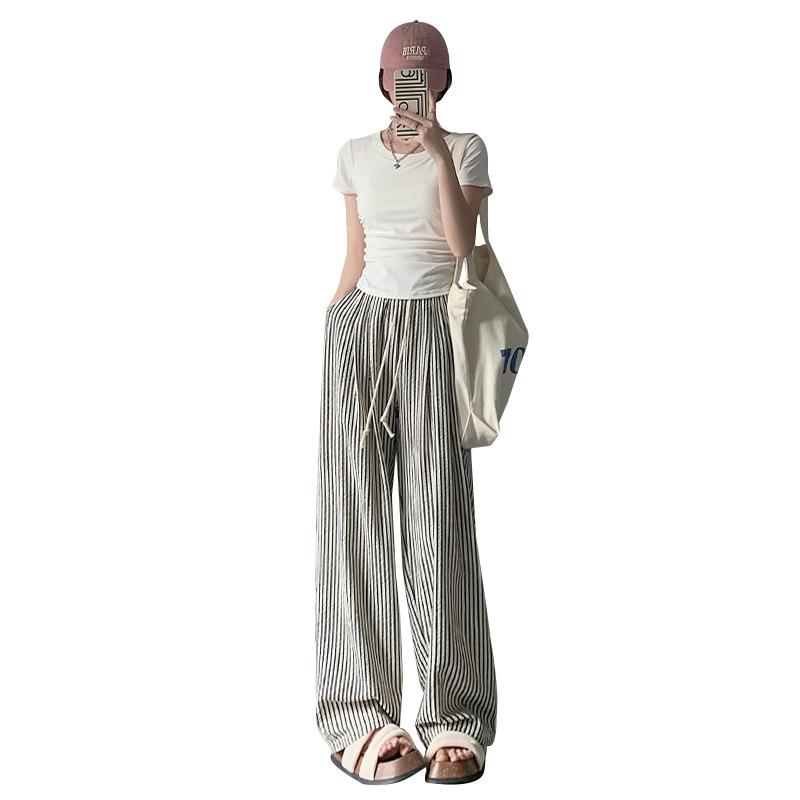 Women's Designer Two Tone Vertical Striped Lazy Thin High Waisted Casual Loose Slouchy Strolling Wide Leg Pants