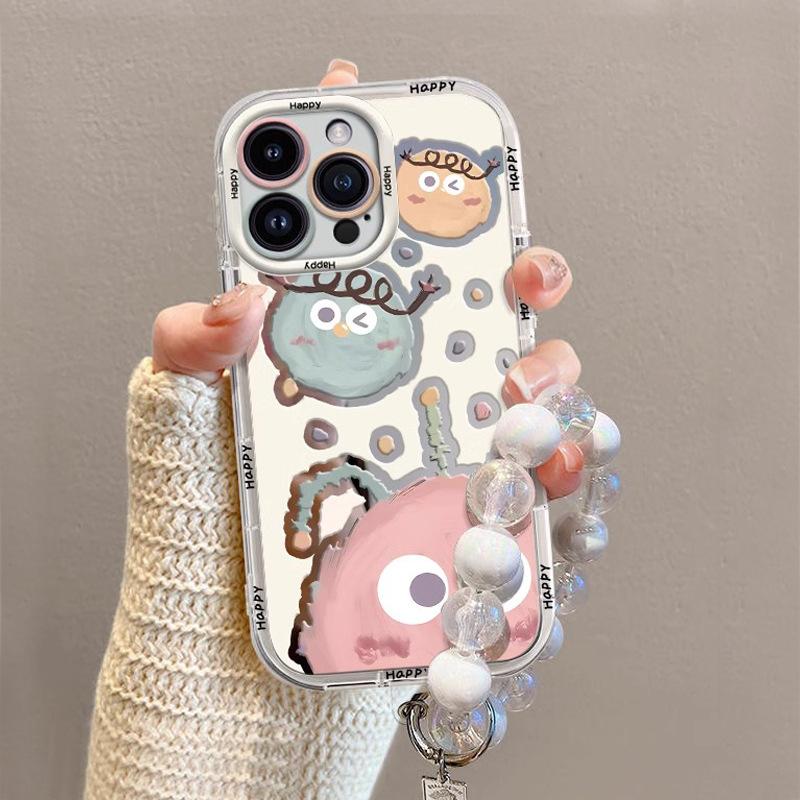 Cute Briquette Suitable for Apple 16promax Mobile Phone Case Painted with Bracelet 15pro Cartoon Cream Mirror 14p