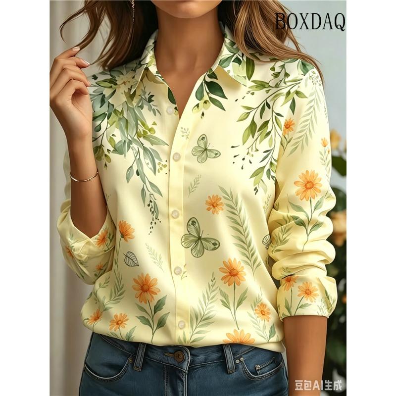 2026 Women's Long Sleeve Blouse Autumn Fashion Butterfly Plants Flowers 3D Printed Shirts Casual Elegant Daily Lapel Blouse Tops
