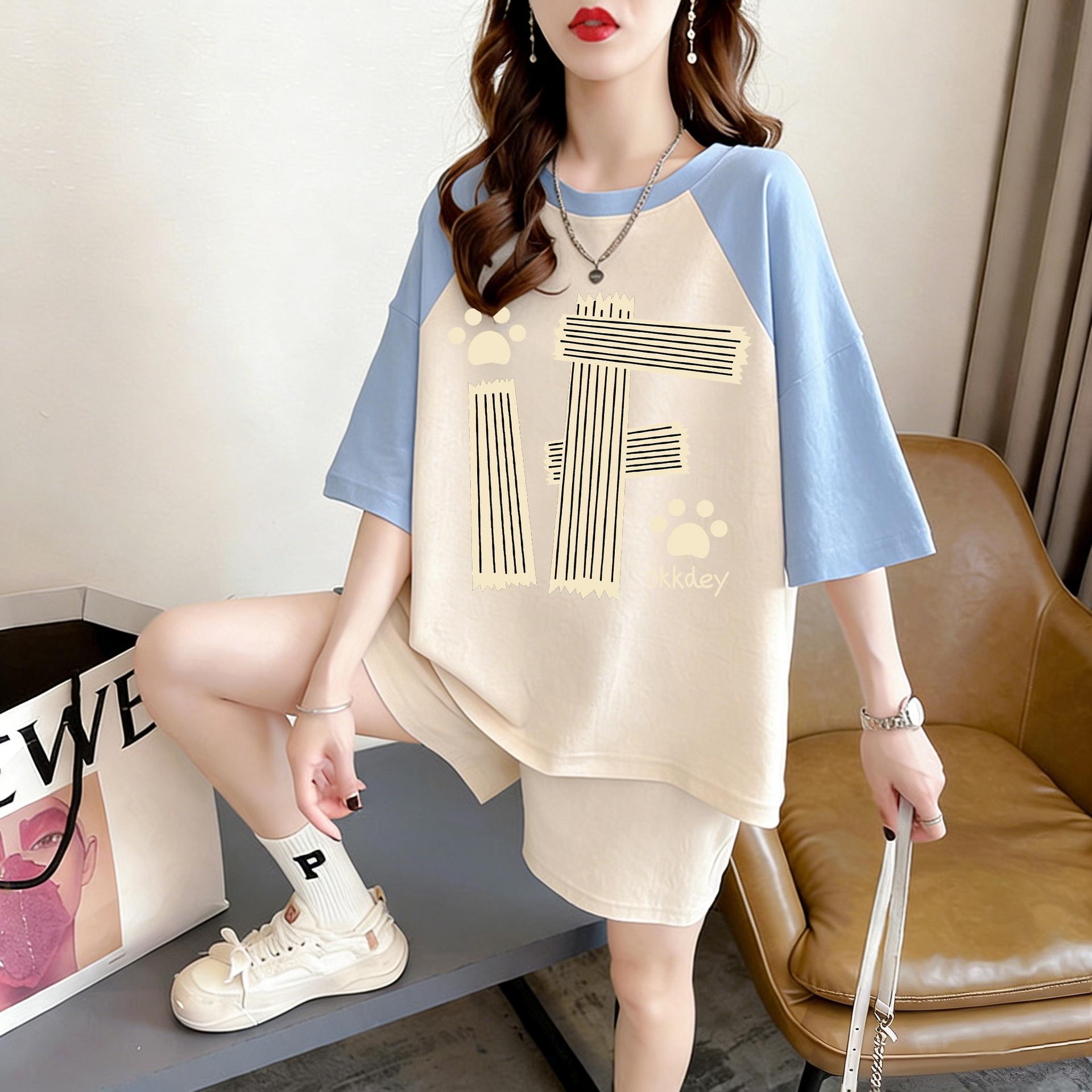 

Women s Plus Size Summer Slimming Pure Cotton Mid-Length Half Sleeve Top 2XL светло-синий/абрикосовый
