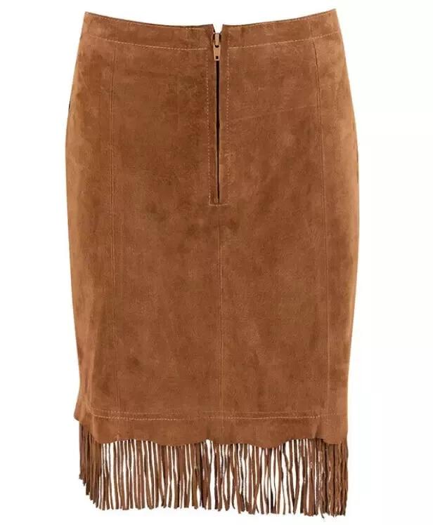 Handmade Casual Stylish Tan Women's Suede Leather Fringe Skirt Genuine Lambskin