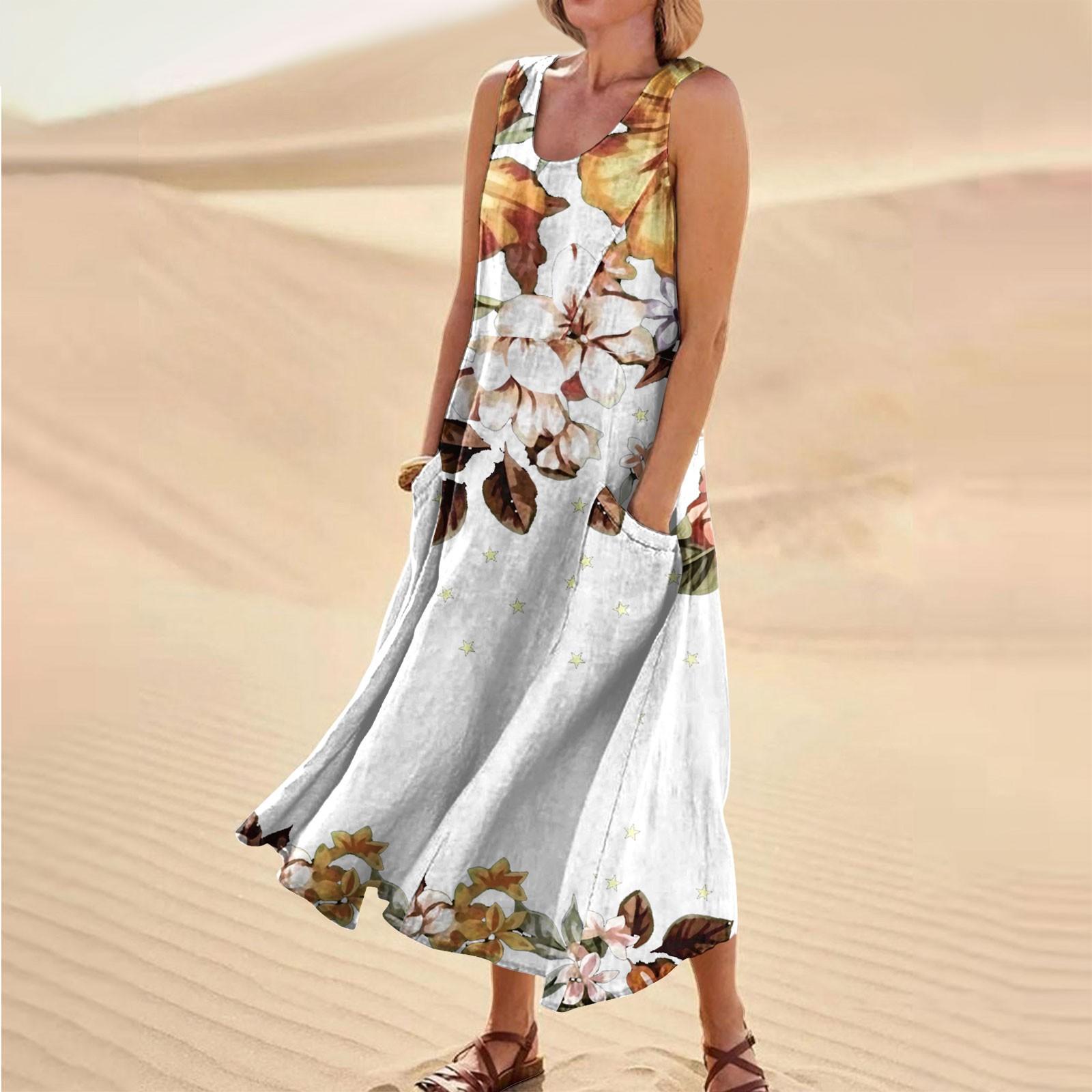 

Женское повседневное удобное карманное платье без рукавов с цветочным принтом