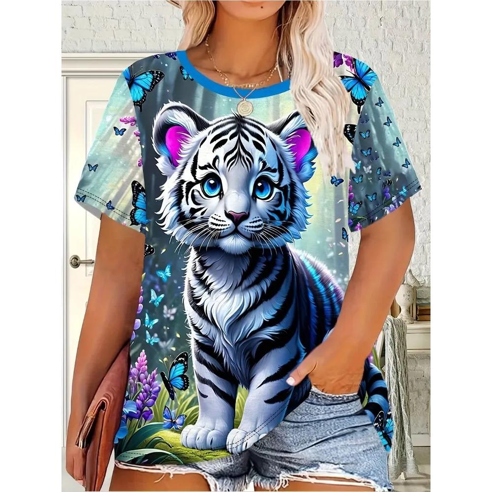 Colorful Animal Pattern 3D Printed Short Sleeved T-shirt Comfortable Fashionable Soft Breathable Loose Womens T-shirt