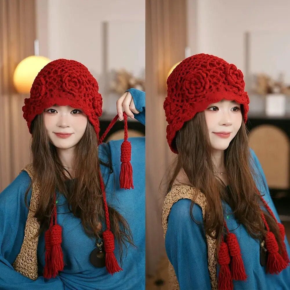 Herbst- und Winter-Doppellagen-Handhäkel-Strickmütze Böhmische Wollmütze mit Fransen Literarischer Mode-Trendhut
