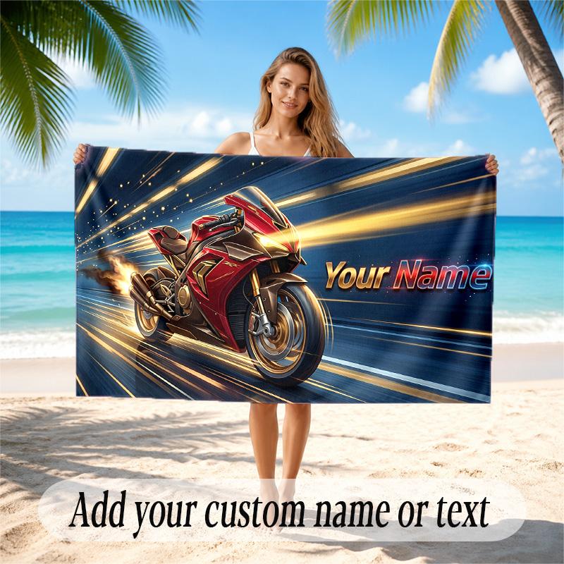Motorcycle Biker Theme Quick Dry Beach Towel Custom Name Text Print Large Sand Resistant Towel Beach Vacation