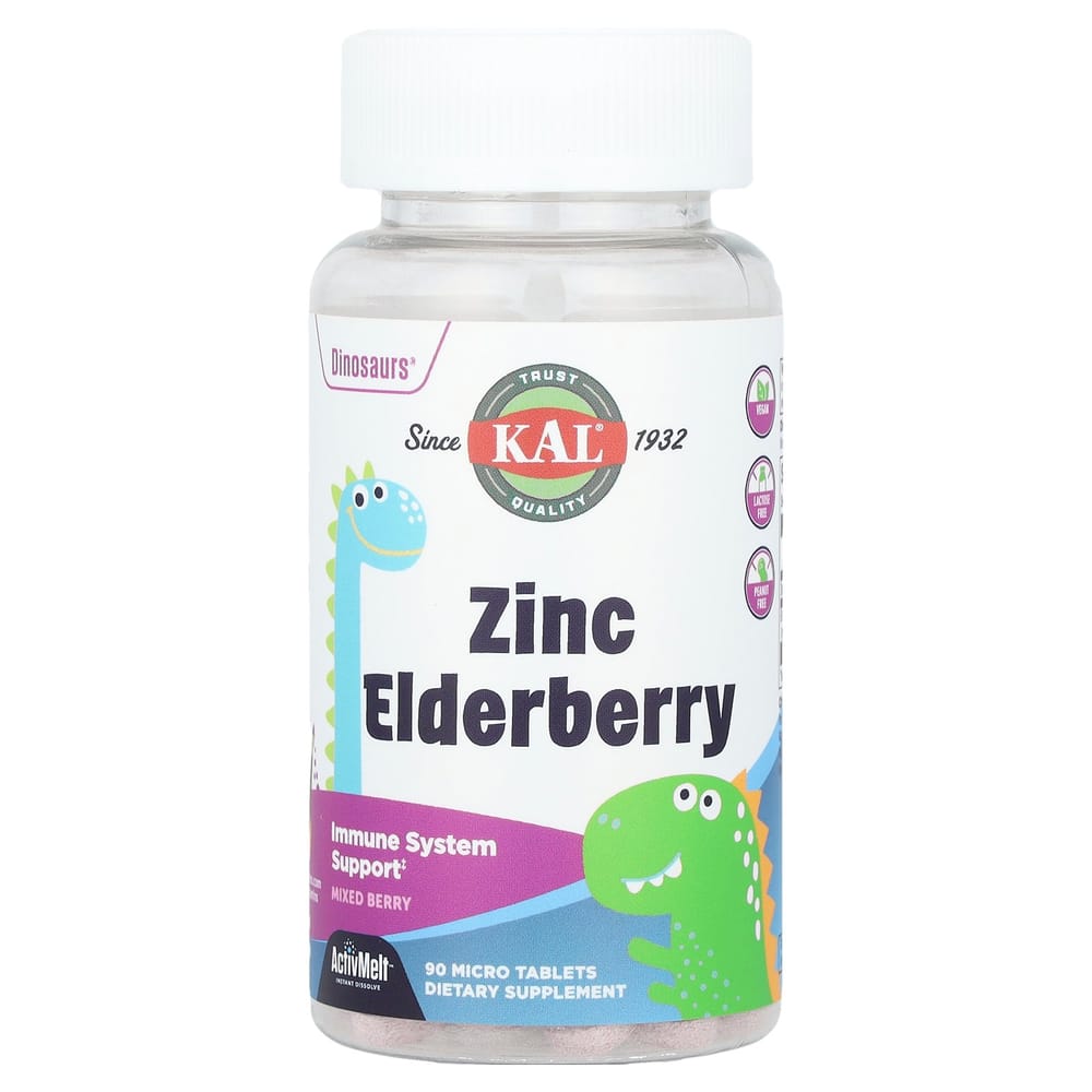 KAL Dinosaurs Zinc Elderberry ActivMelt Berry Blend Micro Tablets, 90 Count