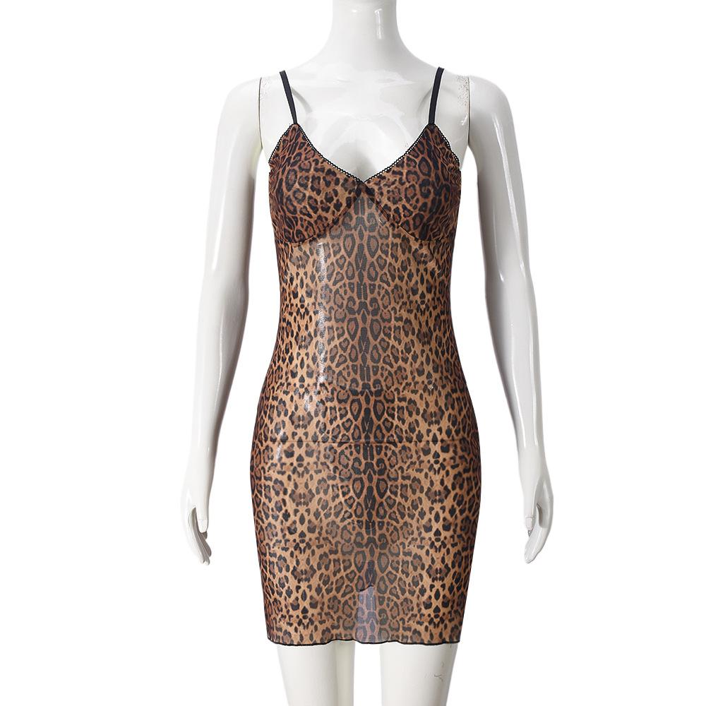 51446 European And American Street Style New Leopard Print Perspective Spice Girls Women'S Clothing Slim V-Neck Hip-Wrapped Suspender Dress