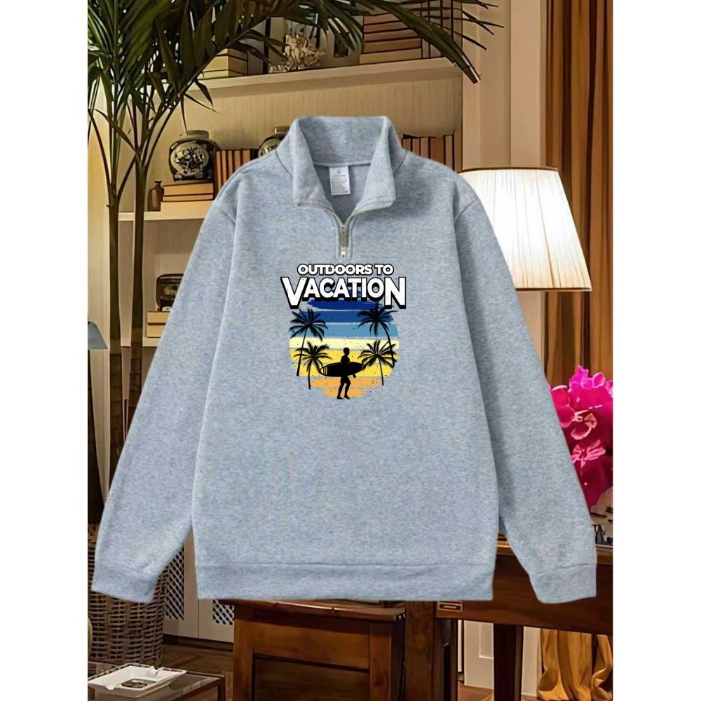 Men's Hooded Sweatshirt with Tropical Palm Tree and Beach Pattern Print - Half Zip Casual Pullover, Loose Round Neck Sweater