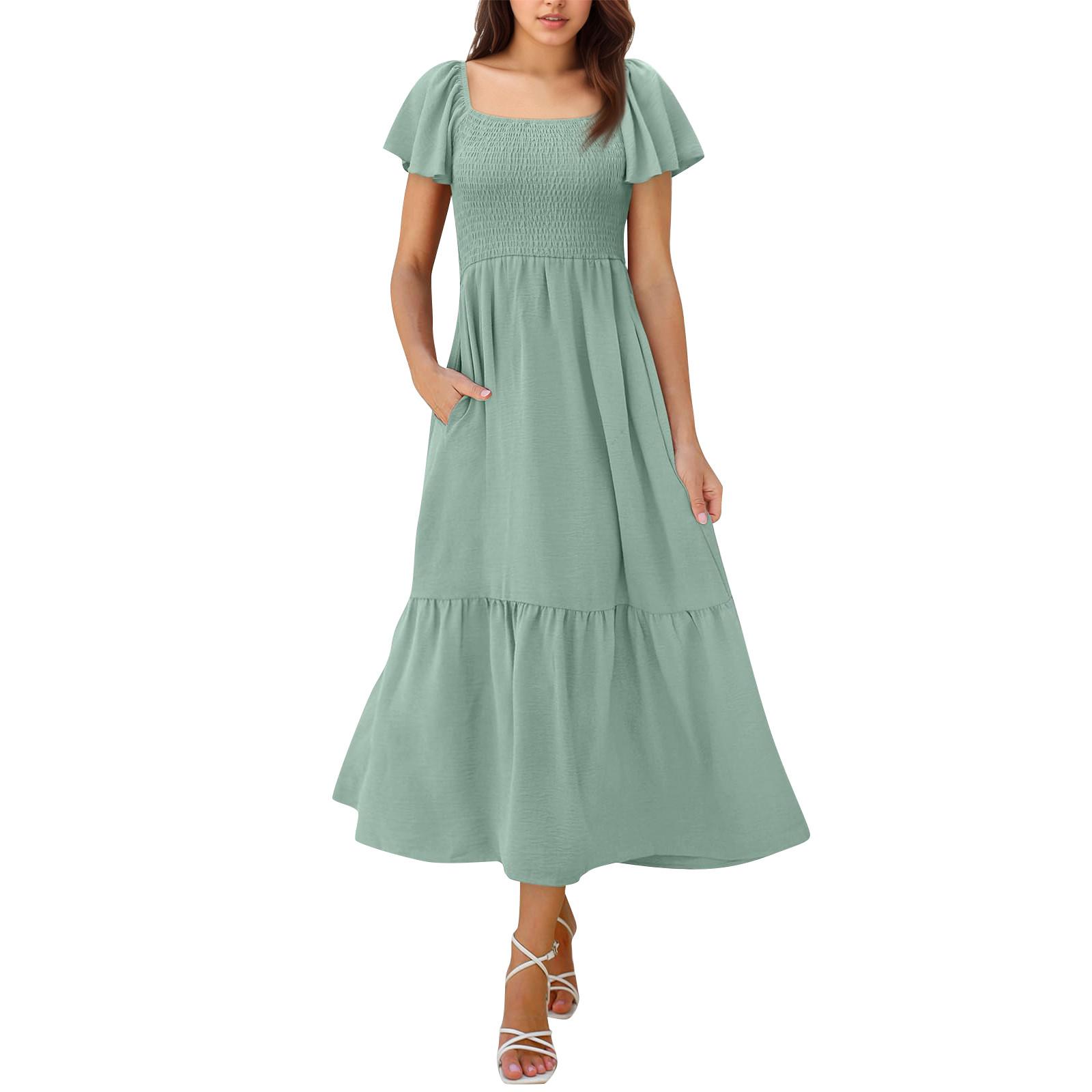 

Женское модное повседневное платье макси с квадратным вырезом, рукавами-колокольчиками, оборками и карманами L зелёный