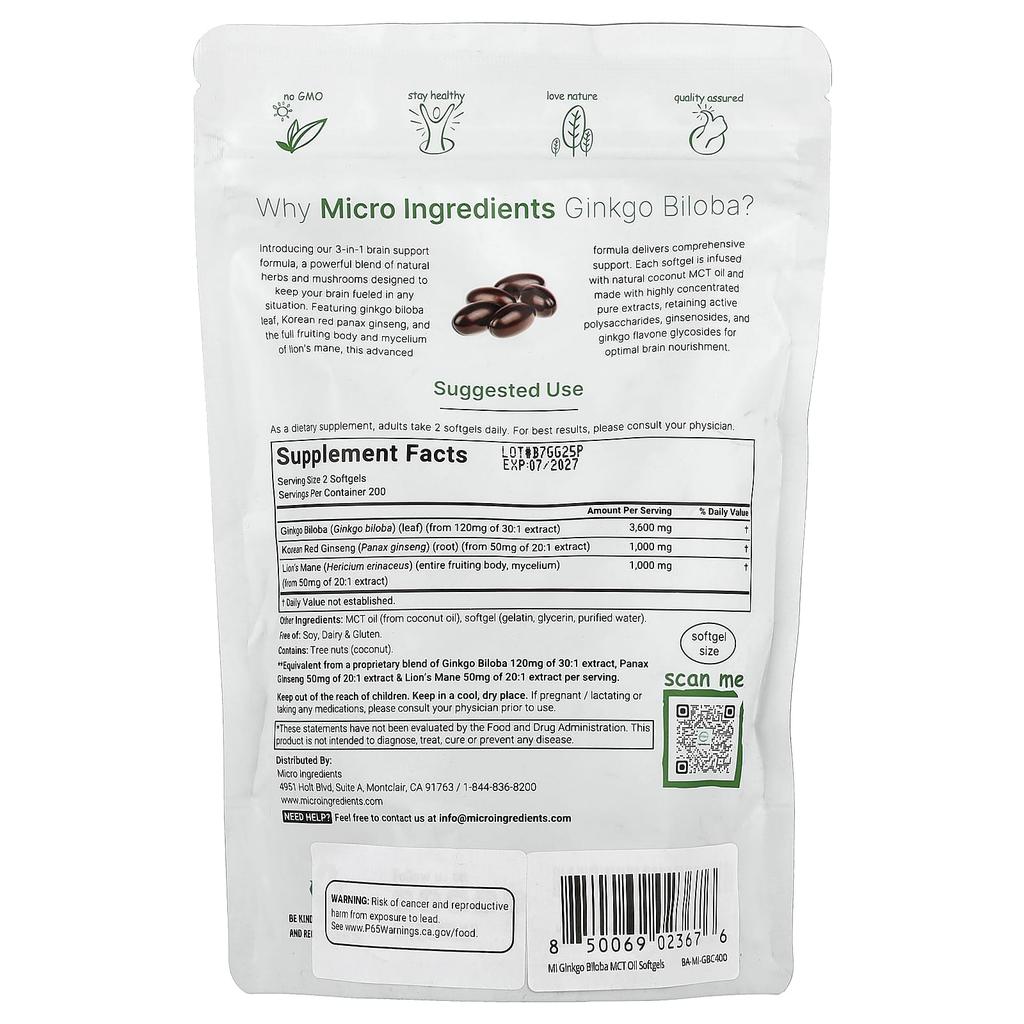 Micro Ingredients: Ginkgo Biloba, Ginseng, Hericium Antler, 400 Softgels