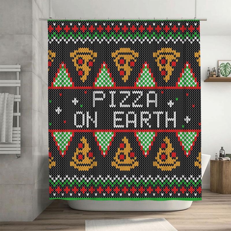 

Funny Pizza On Earth Shower Curtain, Christmas Sweater Design With Slices For Food Lovers, Humorous Holiday Bathroom Decor W60H190(CM)-1 Pcs