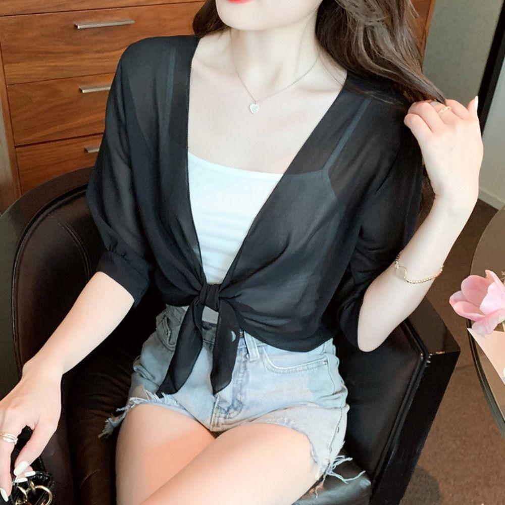 Women Thin Short Cardigan Summer Sun Protection Clothing New Half Sleeve Chiffon Shawl