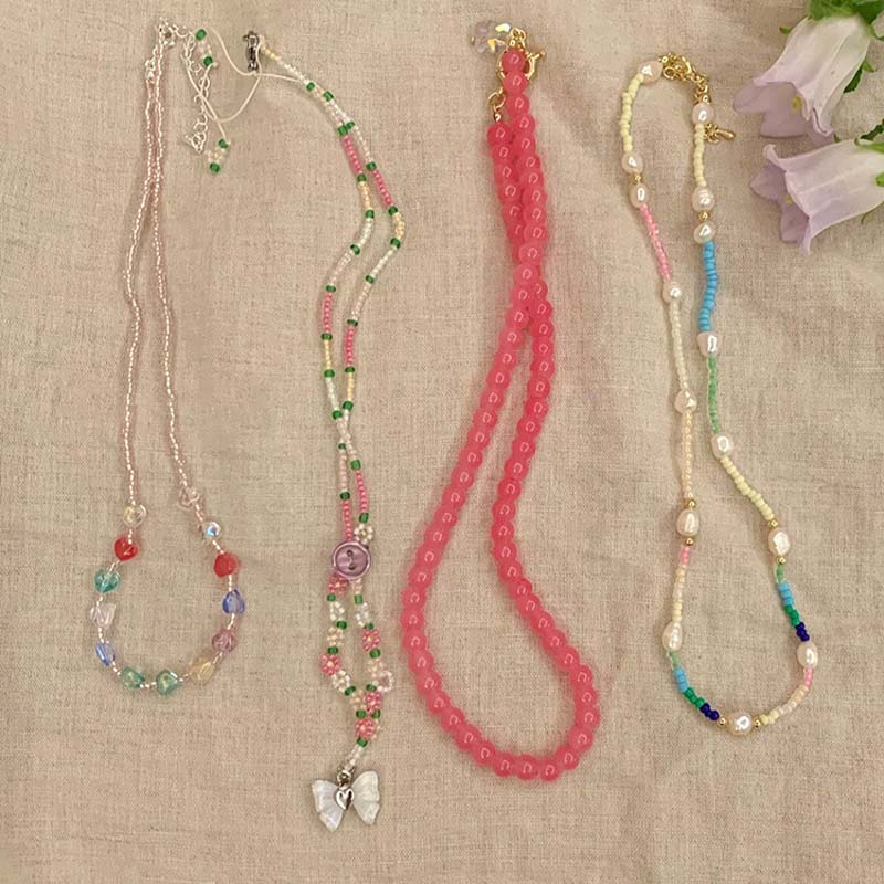Boho Colorful Beaded Butterfly Necklace for Women Girls Handmade Sweet Imitation Pearl Chain Aesthetic Y2K Jewelry Accessories