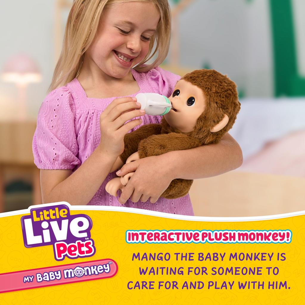 Little Live Pets My Baby Monkey Mango Sounds and Reactions Plush Interactive Monkey Toy Set with Interactive Pet for Ages 50+ Accessories, 4+