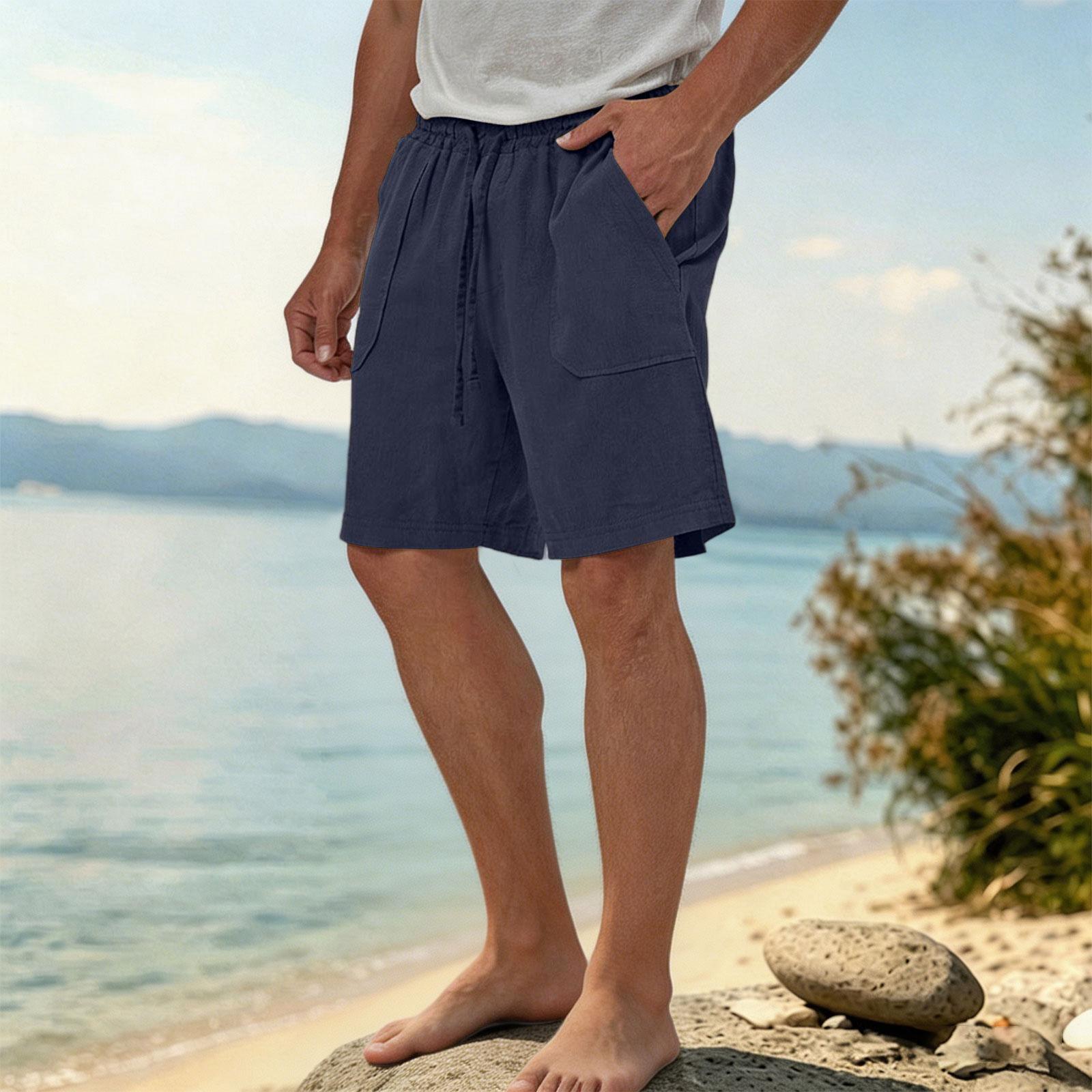

Men s Summer Linen Casual Shorts Loose Fit Breathable Beach Shorts with Elastic Waist and Drawstring for Outdoor Activities XXXL Темно-синій