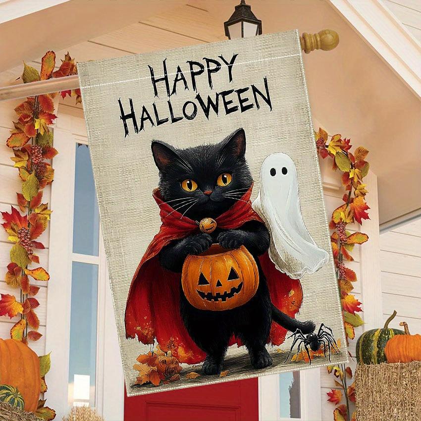 Halloween Garden Flag , Double-Sided Polyester Black Cat & Ghost Design, Welcome Fall Pumpkin Decorative Flag for Home Courtyard Decoration, No Electr