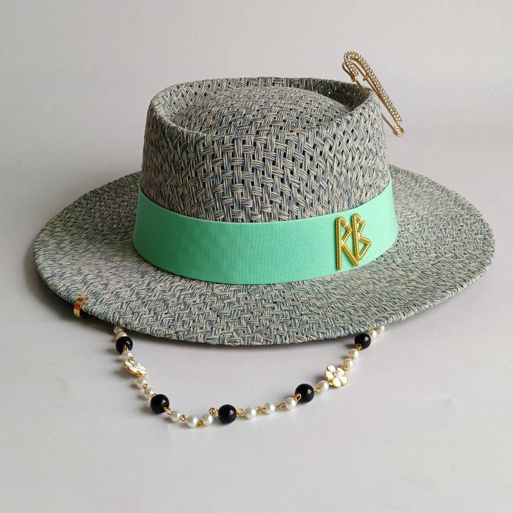 Silver Straw Hat Pearl Chain Hat Diy Flat Top Sun Hat New Korean Elastic Ribbon Hat Beach Hat Candy Color Sun Hat Sombreros Pa