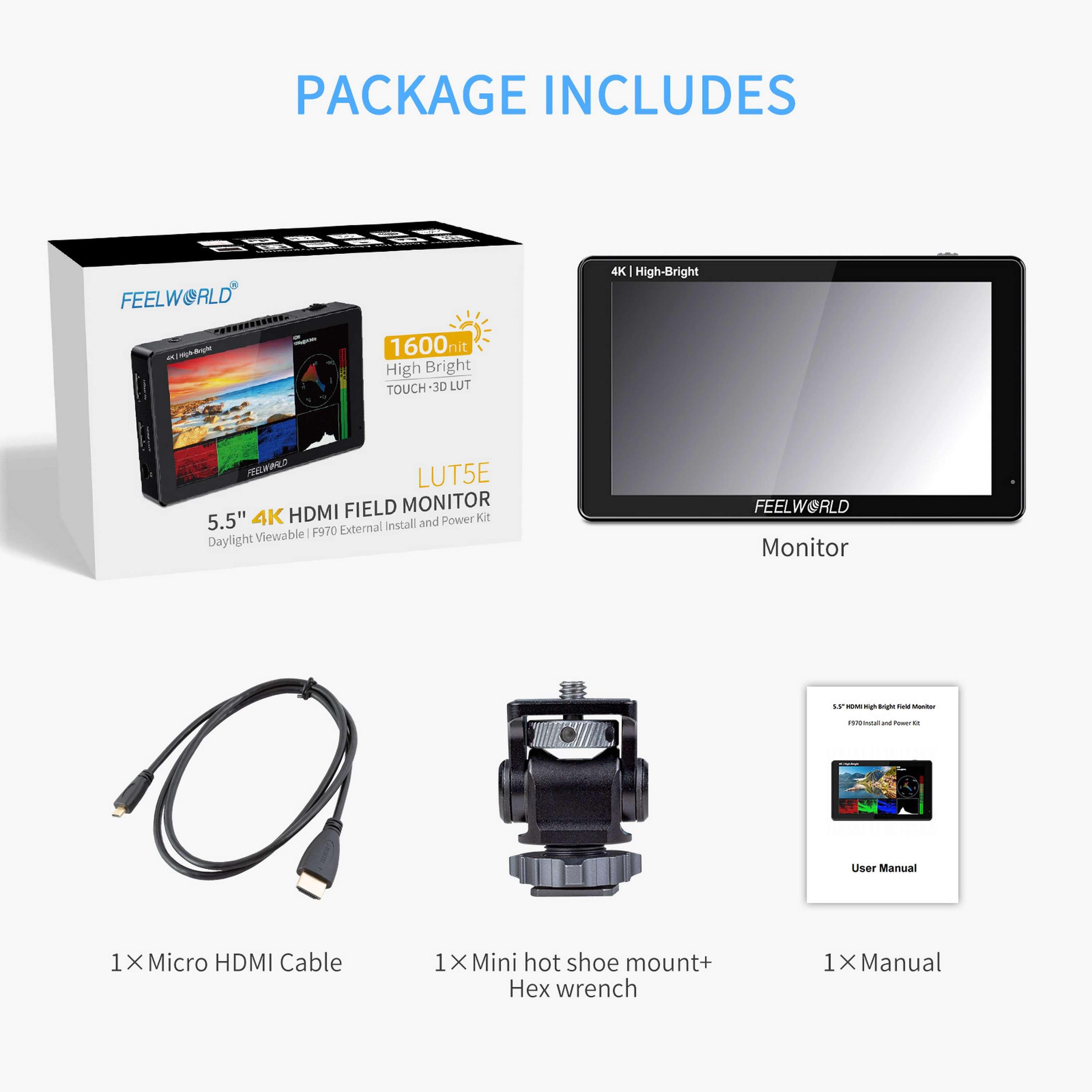 FEELWORLD LUT5E 5.5 Inch High Bright 1600nit Touch Screen DSLR Camera Field Monitor F970 External Power and Install Kit 4K HDMI LUT5E чёрный