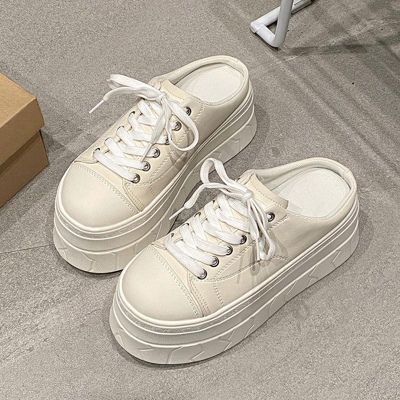 Women's White Thick-Soled Platform Mules - Closed-Toe, Backless, Petite Height Boost, Spring/Summer