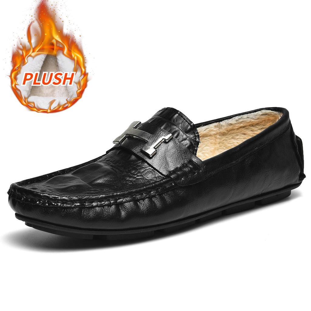 Winter warm velvet beanie shoes crocodile pattern lazy driving shoes British casual men's leather shoes genuine leather cowhide cotton shoes