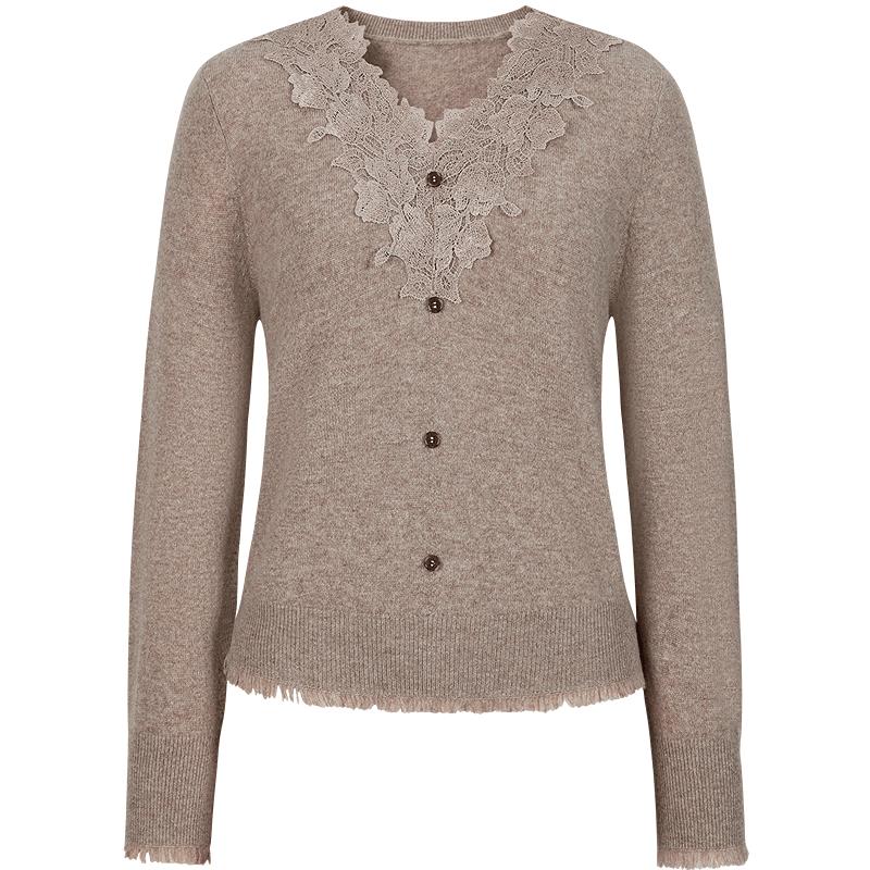 ANNAKO Women s French Lace-Trim V-Neck 100% Wool Sweater S света кофе
