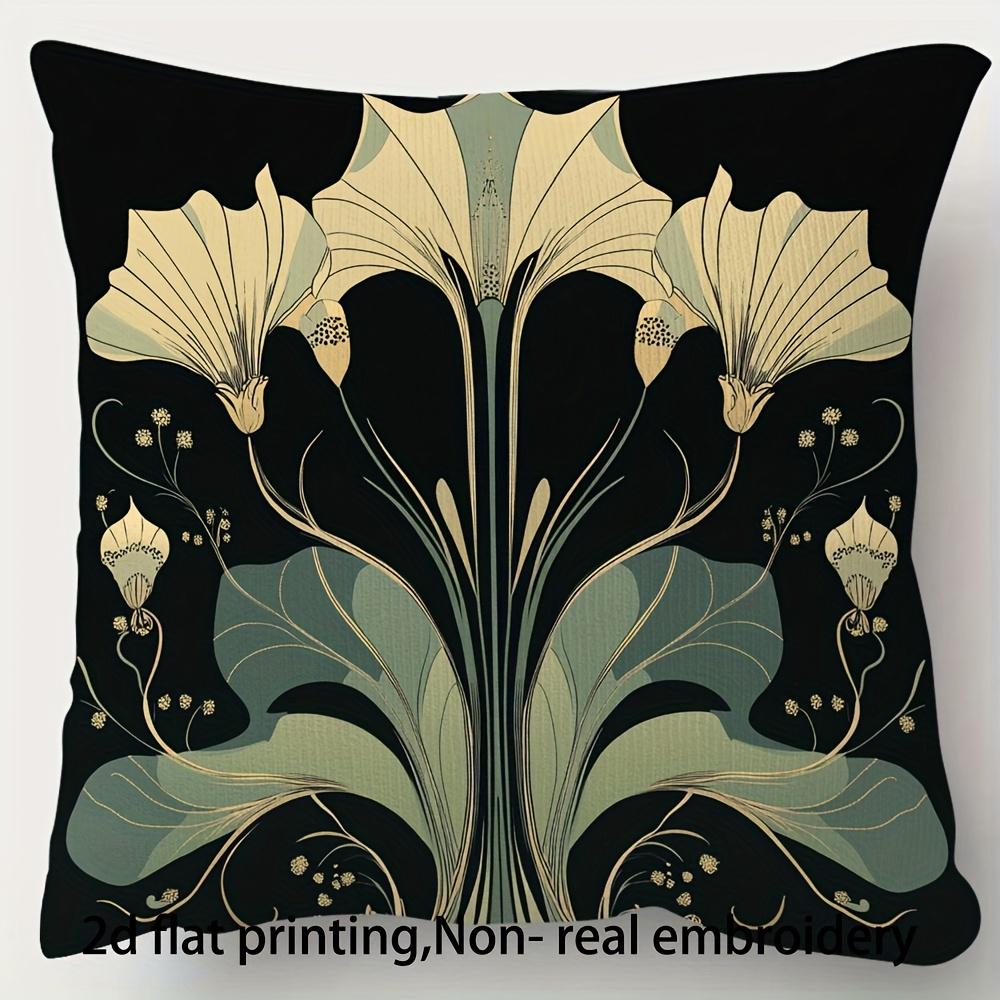 Short Plush “Art Nouveau Iris” Pillowcase Double Sided Flat-Printed Zipper Cushion Cover Black Background Botanical Decor 1PCS