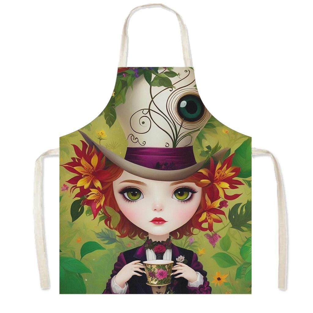 Cartoon Gothic Girls Print Kitchen Aprons Fantasy Angel Home Cleaning Clothing Linen Pinafore Waterproof Chef Cooking Apron