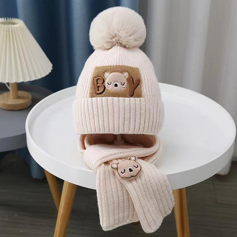 Autumn and winter children's hat boy bear wool hat girl knitted cotton warm baby hat scarf two-piece set