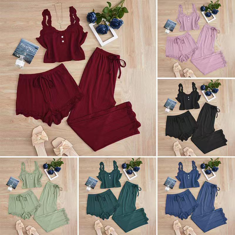 Popular Women's Three-Piece Lace Trim Pajama Set: Camisole, Shorts, and Long Pants