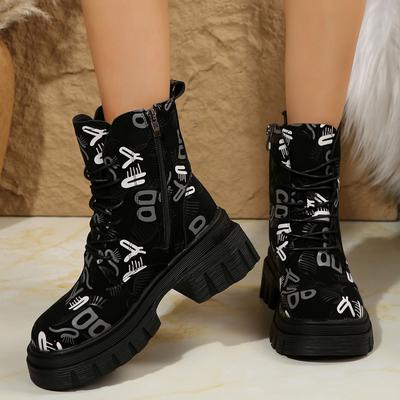 Große Größe dicker Absatz dicksohlige Martin-Stiefel Damen 2024 Winter neu Britischer Stil Druck Graffiti Schnür-Martin-Stiefel