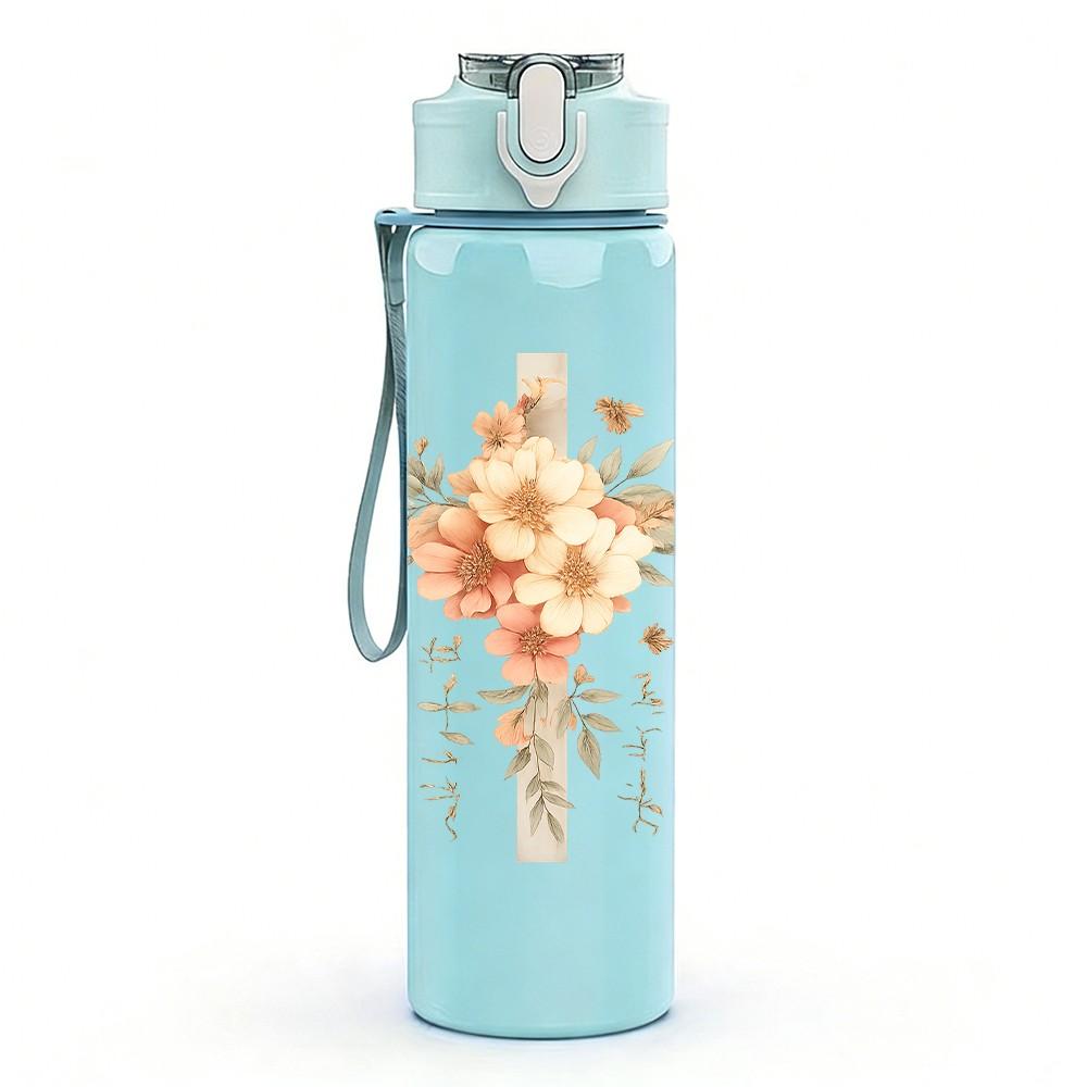1PC Cross Flower Religious Art Print 750ml Color Plastic Sports Water Bottle Leakproof Flip Straw Lid Suitable for Sports Office Home Use