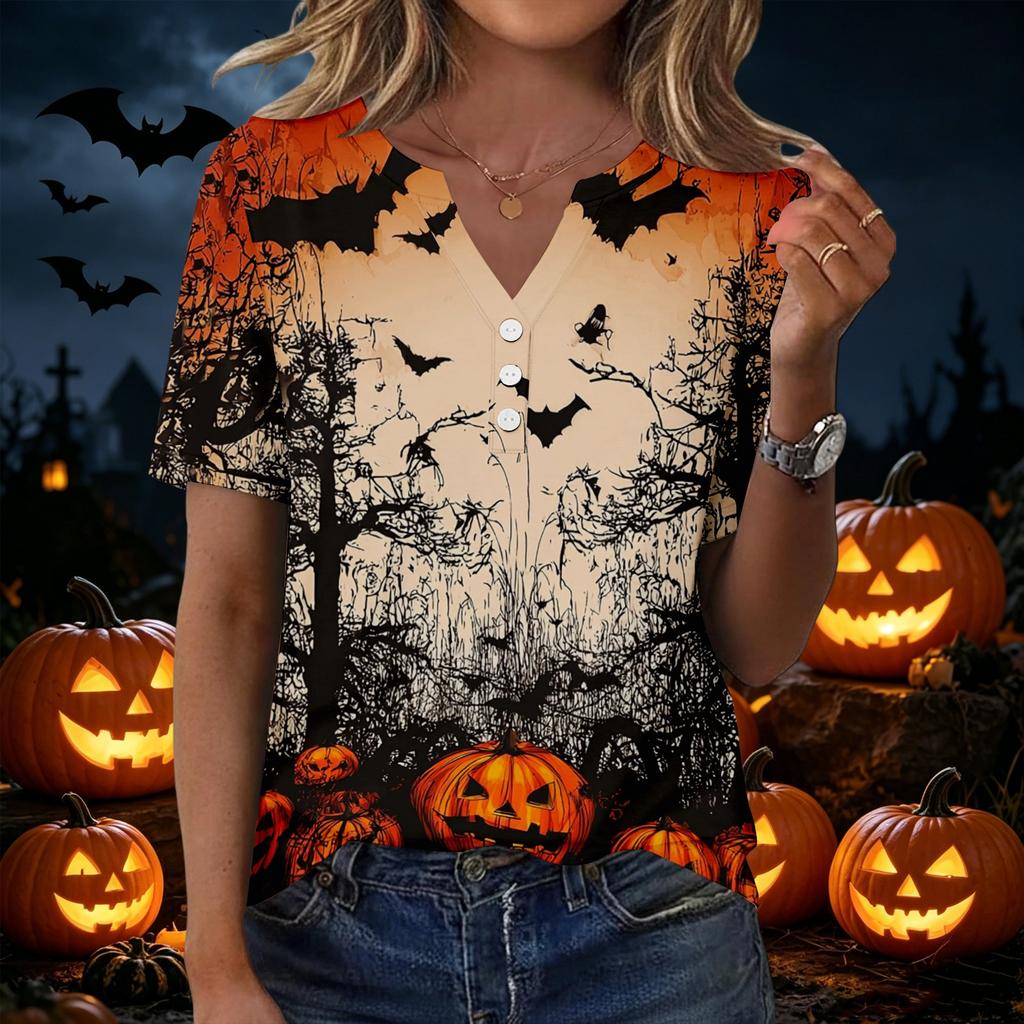 Women Halloween Print Loose Fit V Neck Short Sleeve Shirt with Pocket Casual Top for Everyday Wear