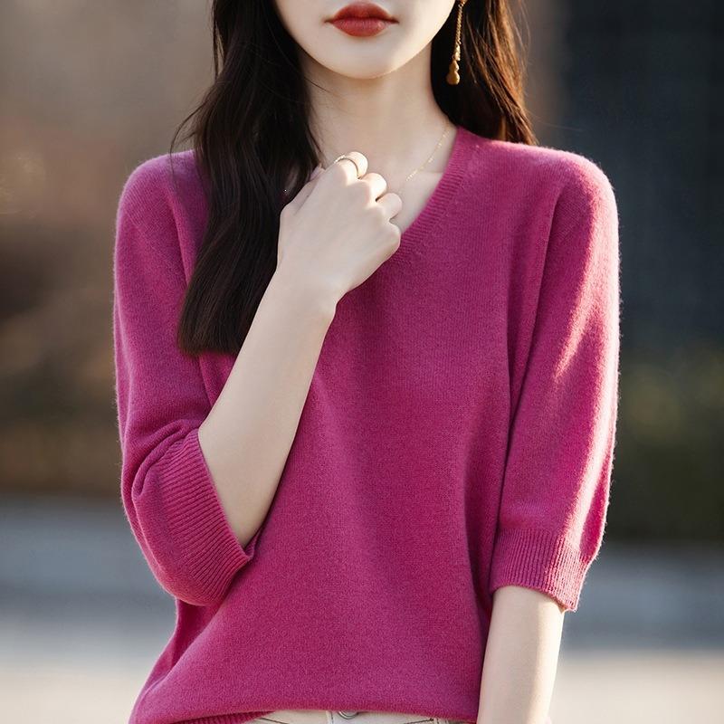 V Neck 1 2 Sleeve Loose Knit Sweater Solid Color Pullover For Women