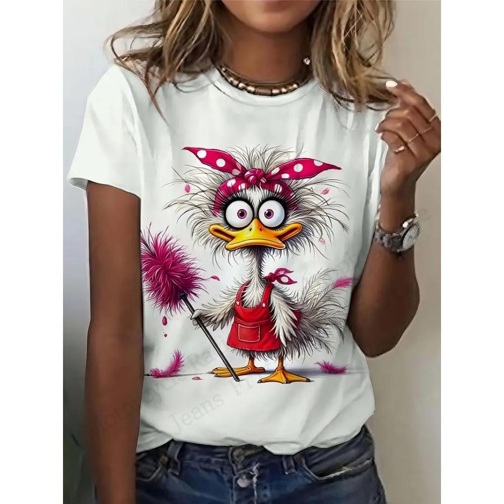 Anime Cat and Duck 3D Printed Pattern T-shirt for Women, Fashionable and Casual Cartoon Plus Size Short Sleeved Top T-shirt for Women, Clothing Animal