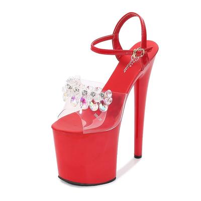 Woman Pure Color Buckle Round Head Water Drill Extra High Heels Thin Heel Sexy Slipper 20cm Heel 10cm Platfrom LFD