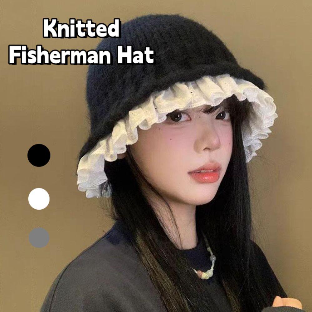 Lace Trim Women Bucket Hat Yarn Beanie Hat Sweet Knitted Fisherman Hat  Outdoor