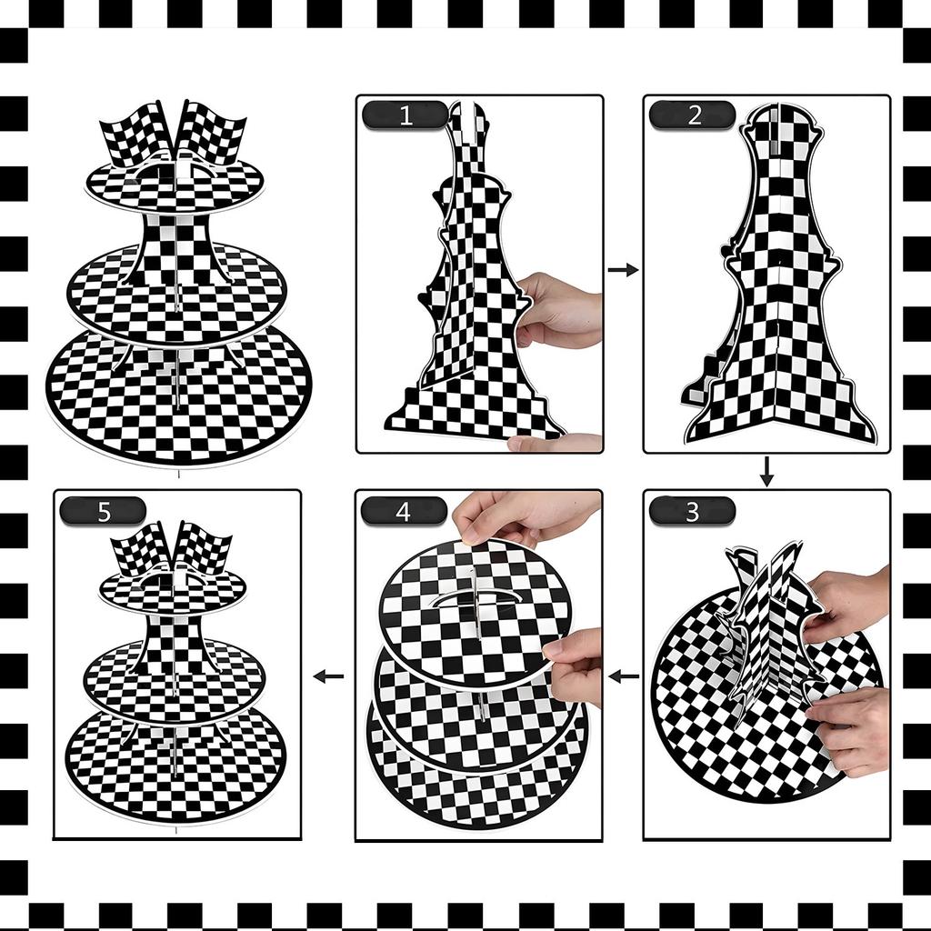 Black And White Plaid Racing Theme Three-Layer Paper Cake Stand Cake Dessert Ornament Table Pie