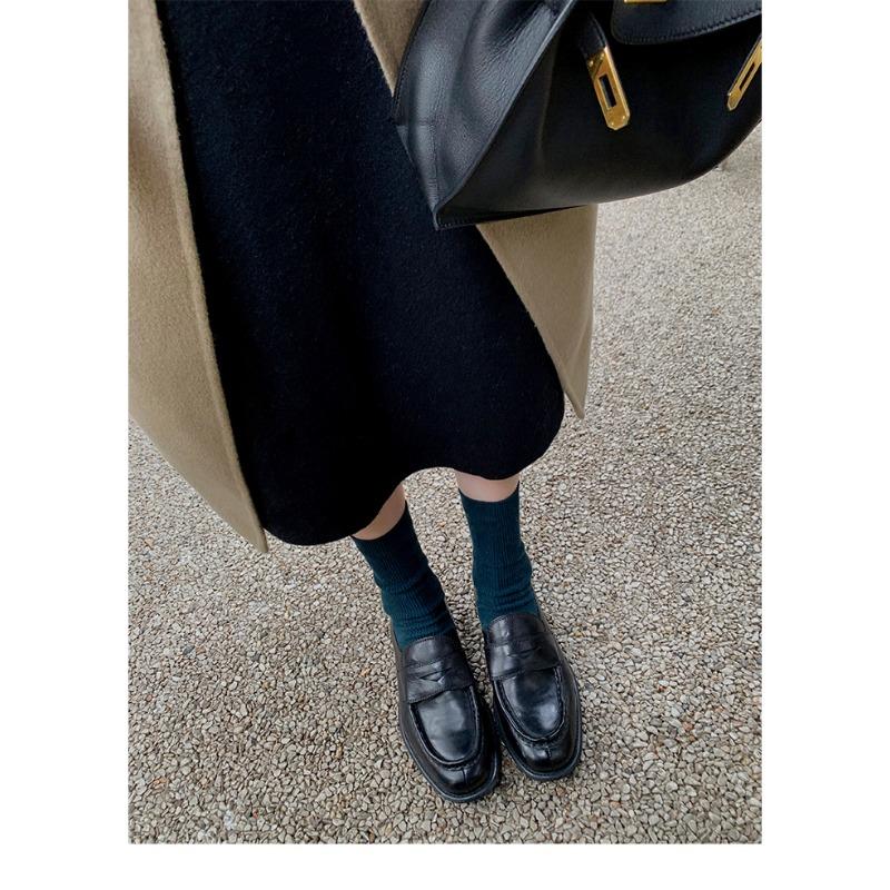 Sheepskin Version~ Genuine Leather Round Head Thick Heel Thick Sole Women's Small Leather Shoes Single Shoes One Pedal Lazy Shoes