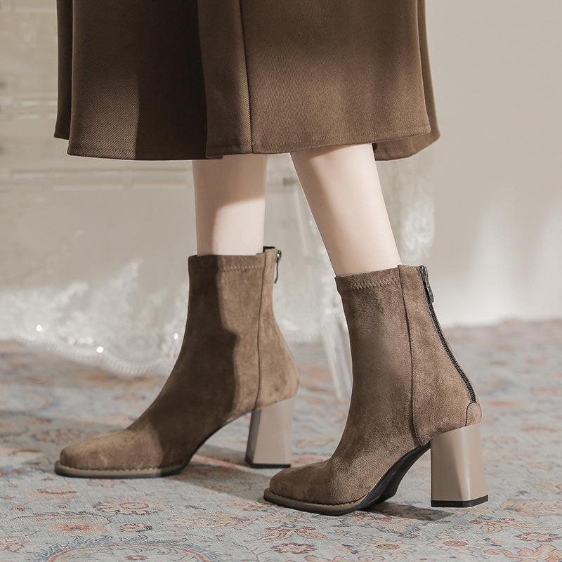 Temperament Suede Thick Heel Short Boots Women's Rear Zipper Autumn and Winter New Comfortable Versatile Square Head Elastic Medium Tube Fashion Boots