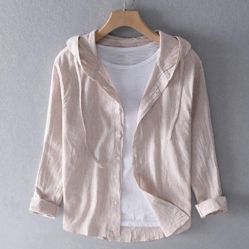 Men s Linen Shirt Summer Casual Hooded Long Sleeved Shirt Lightweight Cotton Linen Breathable Sunscreen Top S абрикосовый