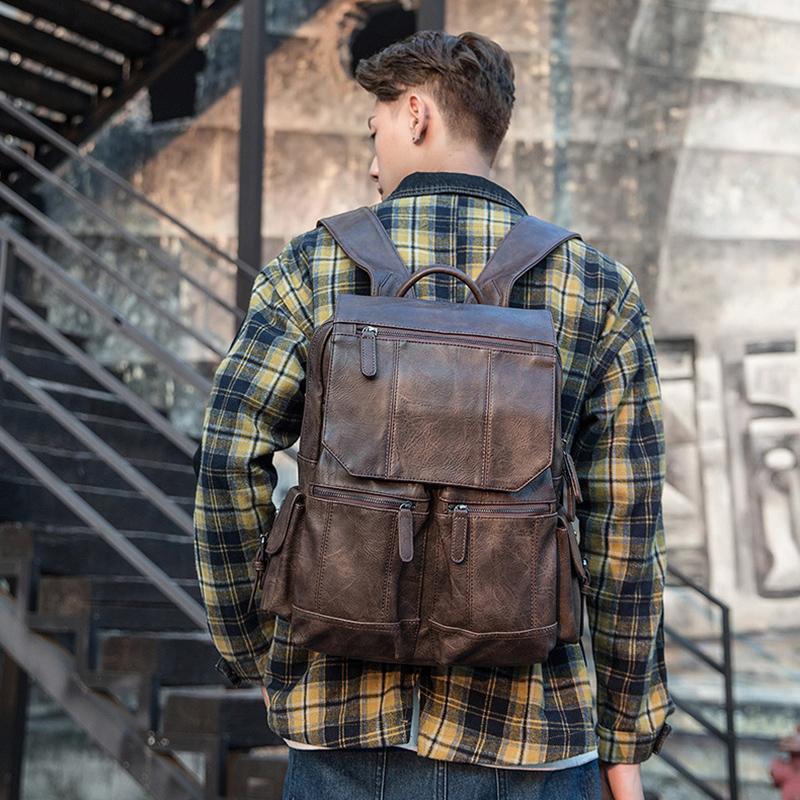 Handmade Cowhide Korean Backpack Men's Casual Trend School Bag College Style Personalized Leather Men's Bag