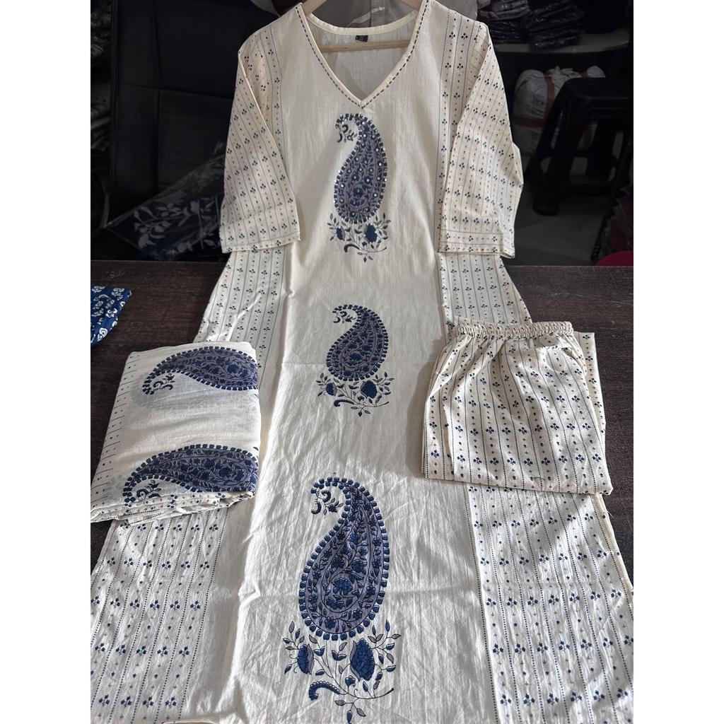 Pure Cotton Straight Kurti Pant Dupatta Set Indian Women Casual Wear Kurta Set