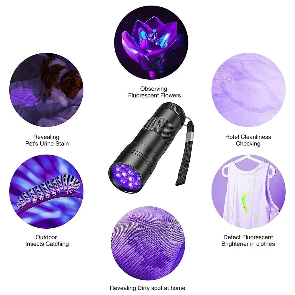 9/12 LED Protable UV Flashlight Black Light 395 NM Ultraviolet Torch Blacklight Detector for Dog Urine Pet Stain and Bed Bug