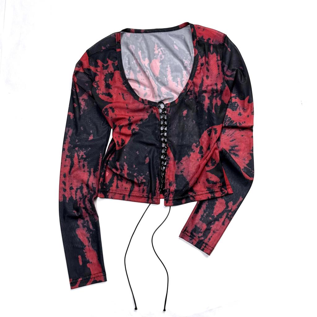 Short Sheer Dark Fairy [NAMEOF] Lace-up Top, Core, Grunge, Y2K, Women's, See-through, Red, Sexy, Cut-and-Sew