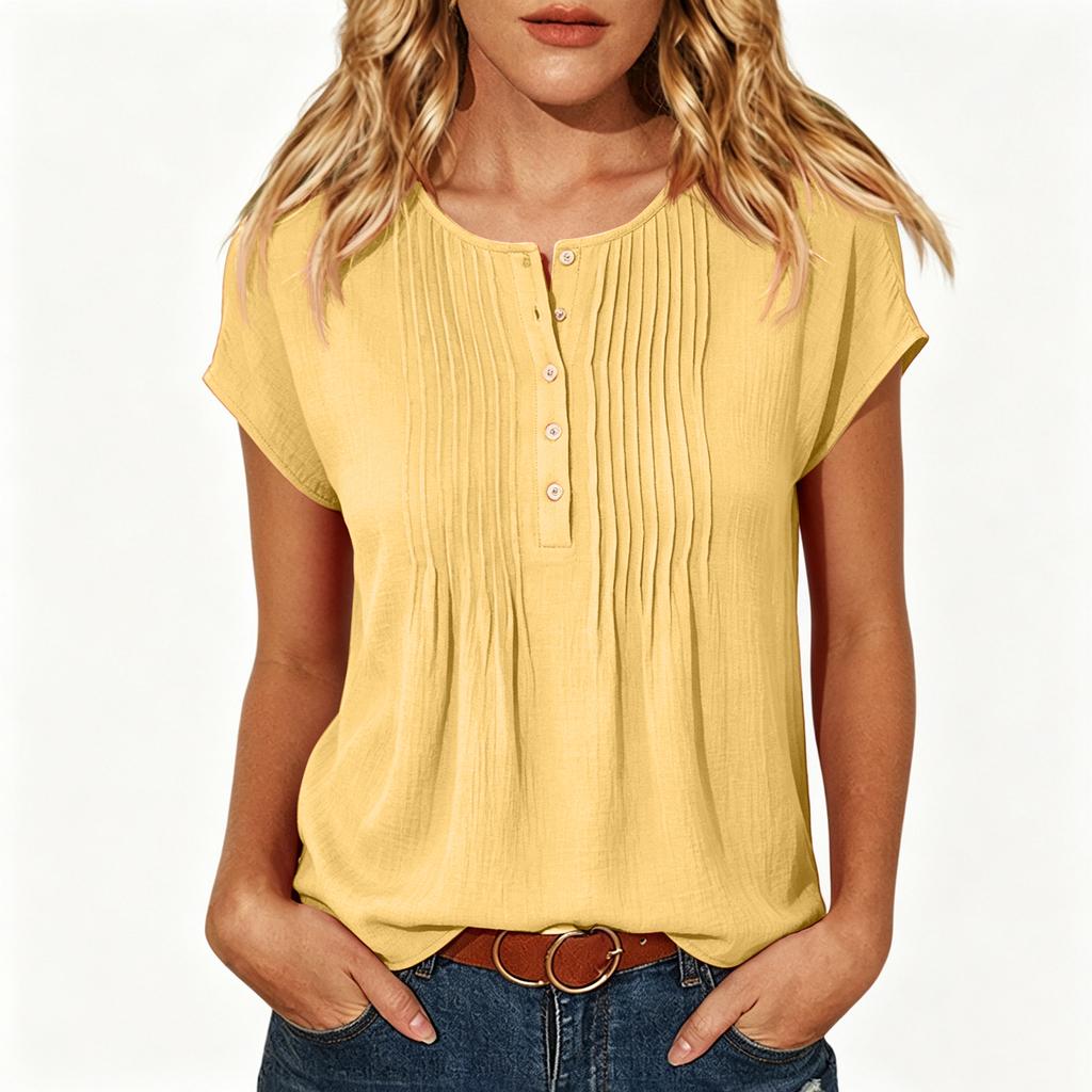 Women's Casual Color Button Front Round Neck Short Sleeve Blouse for Everyday Wear