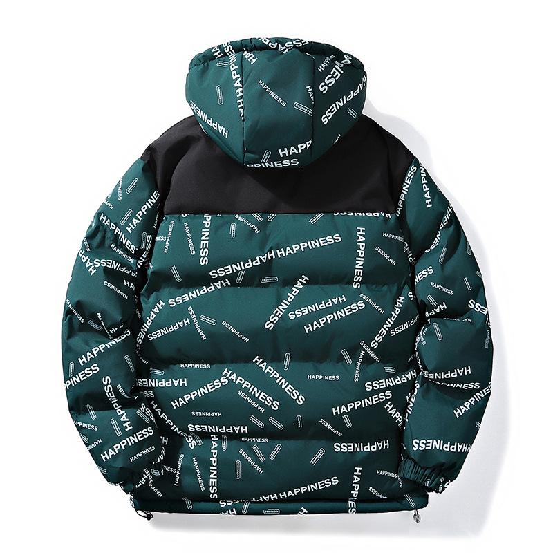 Autumn and Winter Hooded Color Blocked Men's Letter Jacket Cotton Jacket Loose and Warm Couple Cotton Jacket