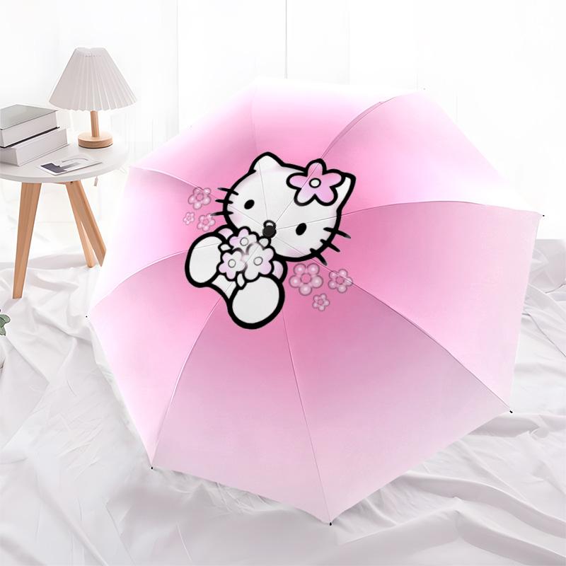 Ombrello pieghevole automatico con motivo Hello Kitty su sfondo sfumato, design portatile e pieghevole, 8 stecche, un regalo di Natale o di compleanno.