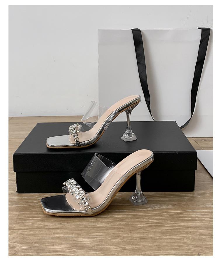 High heels women's summer 2025 new transparent one-word strap square head open-toed versatile outer wear sandals high heels sandals