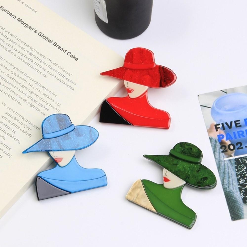 Acrylic Lady with Hat Brooch Cartoon Modern Girls Badge Women Portrait Pin  Clothing Accessories