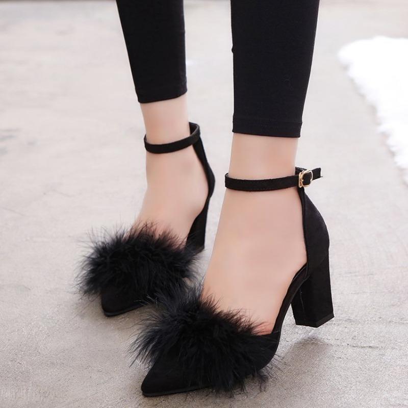 Spring new thick high-heeled side empty suede pointed head sexy and thin one-word buckle with fluffy sandals women